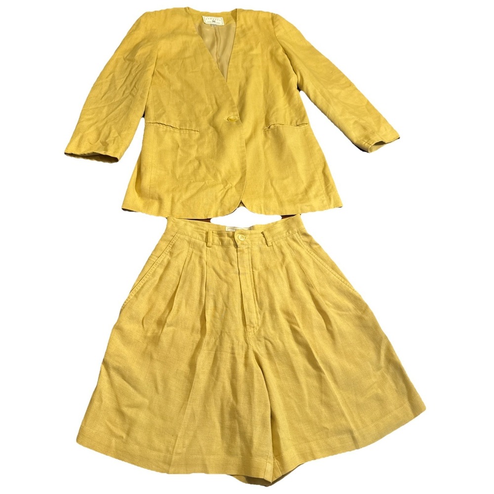 Vintage Express Linen Rayon 2 Piece Suit Set Blazer Shorts Women's S 5/6 Yellow